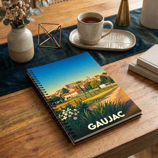 Carnet à spirales souvenir de la ville de Gaujac avec une illustration stylisée et colorée.