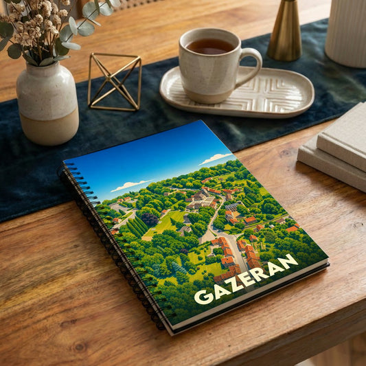 Carnet de notes à spirales souvenir de la ville de Gazeran avec une illustration aérienne stylisée.