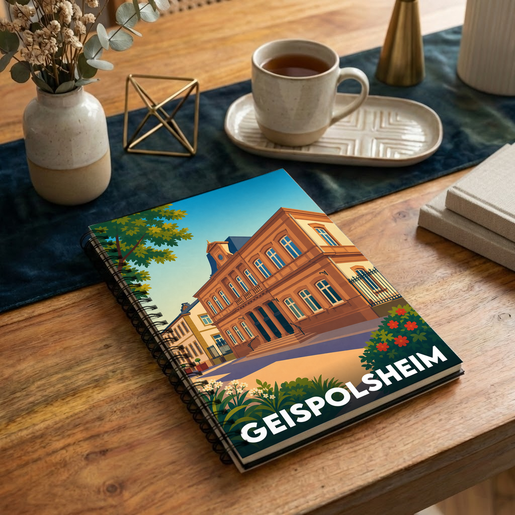 Carnet souvenir de la ville de Geispolsheim avec une illustration stylisée.