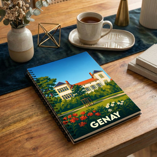 Carnet à spirales souvenir de la ville de Genay avec une illustration stylisée de son patrimoine.