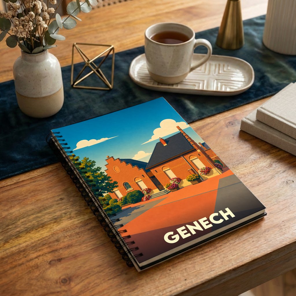 Carnet à spirale souvenir de la ville de Genech avec une illustration stylisée de maisons flamandes.