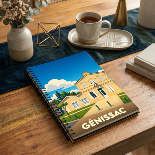 Carnet à spirales souvenir de la ville de Génissac avec une illustration stylisée de son hôtel de ville.