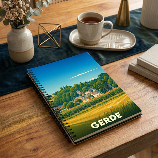 Carnet souvenir de la ville de Gerde avec une illustration stylisée de son paysage champêtre.