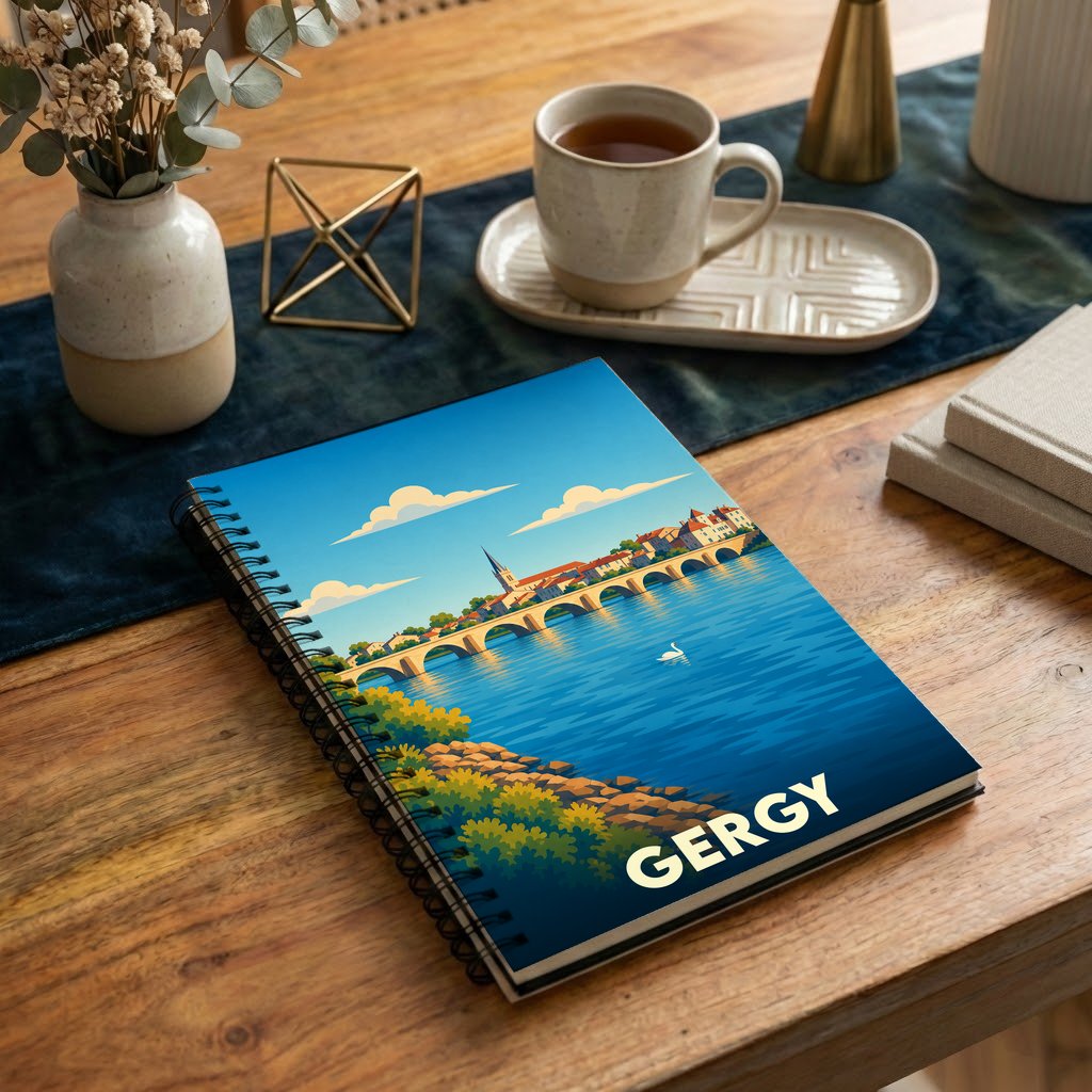 Carnet de notes à spirales souvenir de la ville de Gergy, illustré par un paysage de pont et de rivière de style vintage.