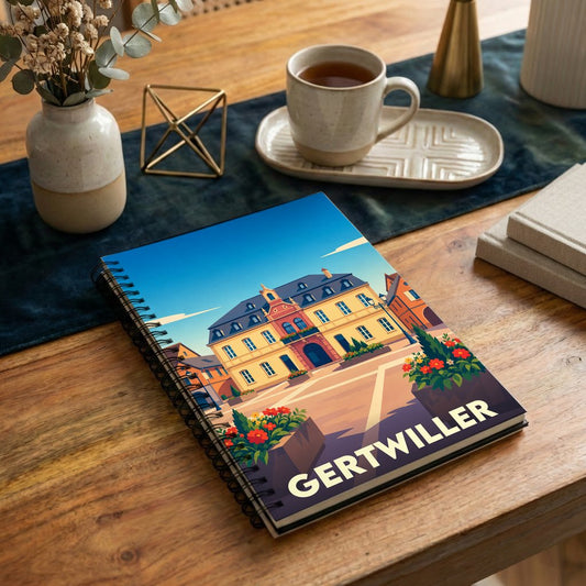 Carnet à spirales souvenir de la ville de Gertwiller avec une illustration stylisée d'une place colorée.