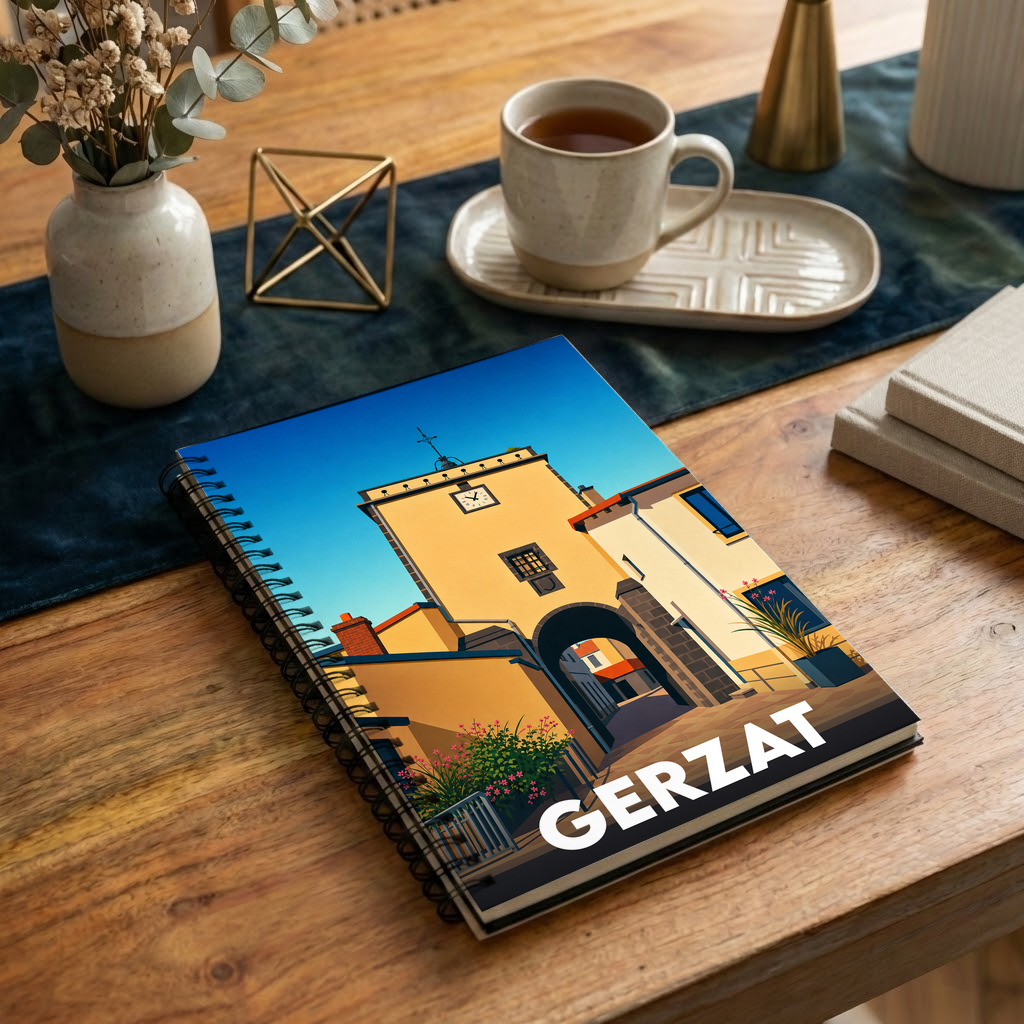 Carnet à spirales souvenir de la ville de Gerzat avec une illustration stylisée de son patrimoine.