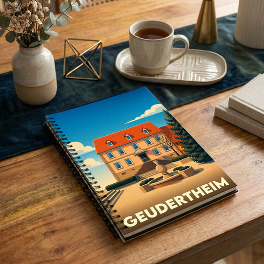 Carnet à spirales souvenir de la ville de Geudertheim avec une illustration stylisée de sa mairie.
