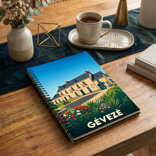 Carnet souvenir de la ville de Gévezé avec une illustration stylisée d'un bâtiment fleuri.