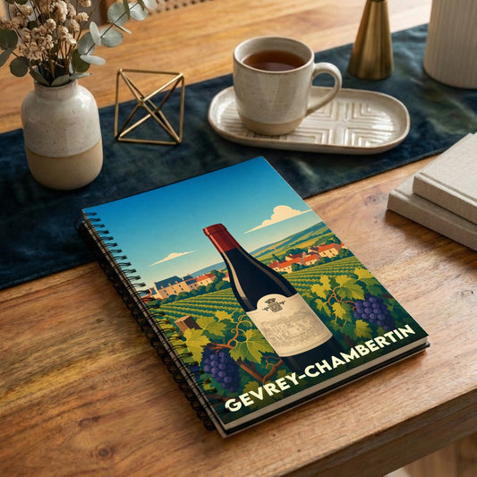 Carnet à spirales souvenir de Gevrey-Chambertin avec une illustration stylisée de vignoble.