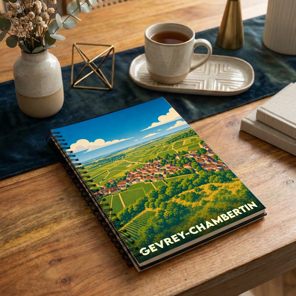 Carnet souvenir de la ville de Gevrey-Chambertin avec une illustration stylisée de ses vignobles.