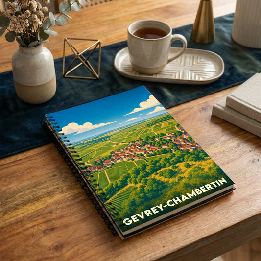 Carnet souvenir de la ville de Gevrey-Chambertin avec une illustration stylisée de ses vignobles.
