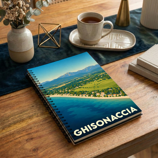 Carnet à spirales souvenir de la ville de Ghisonaccia avec une illustration stylisée de son paysage côtier.