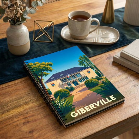 Carnet souvenir de la ville de Giberville illustré d'un dessin stylisé de son hôtel de ville.