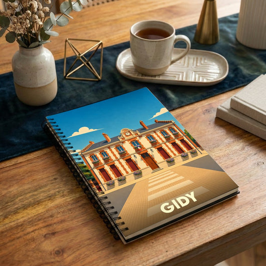 Carnet souvenir de la ville de Gidy avec une illustration stylisée de son hôtel de ville.
