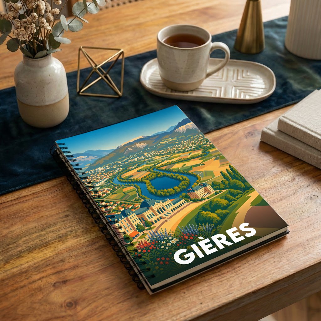 Carnet souvenir de la ville de Gières avec une illustration stylisée de son paysage et de son architecture.