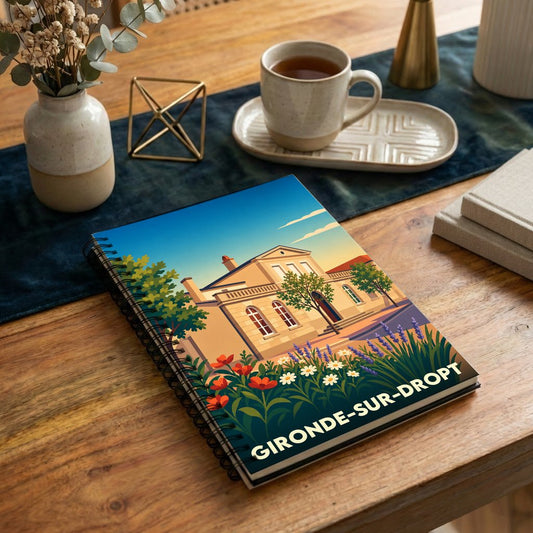 Carnet souvenir de la ville de Gironde-sur-Dropt avec une illustration colorée et stylisée.