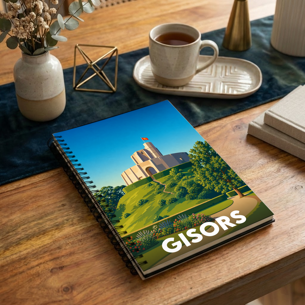Carnet souvenir de la ville de Gisors avec une illustration stylisée de son château.