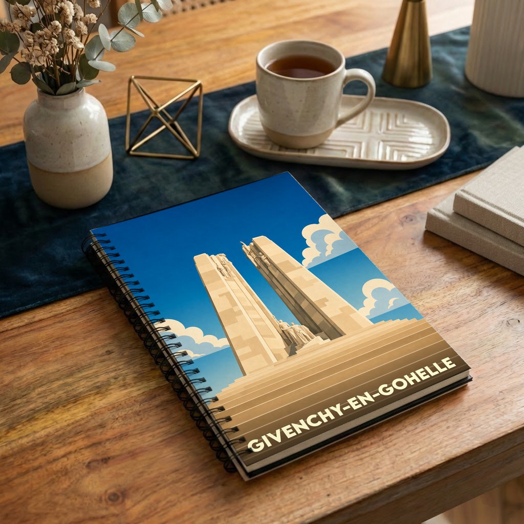 Carnet souvenir de Givenchy-en-Gohelle illustré par le monument commémoratif canadien de Vimy dans un style épuré.