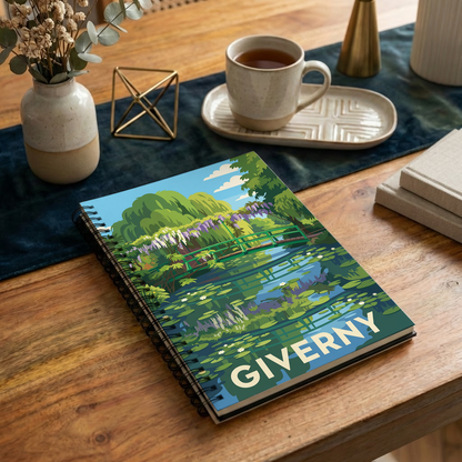 Carnet souvenir de la ville de Giverny avec une illustration stylisée du célèbre pont japonais.