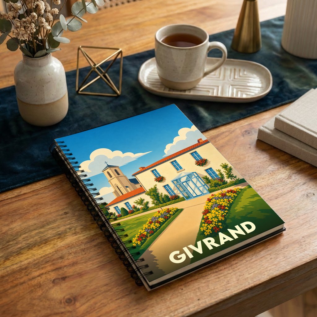 Carnet à spirales souvenir de la ville de Givrand avec une illustration stylisée et colorée.