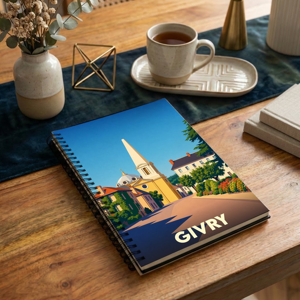 Carnet à spirale souvenir de la ville de Givry avec une illustration stylisée et colorée.