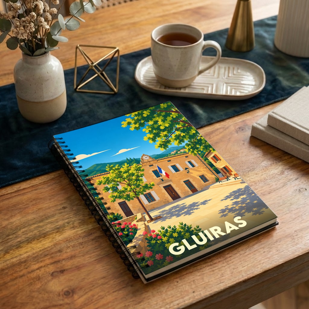 Carnet souvenir de la ville de Gluiras avec une illustration colorée et stylisée de sa mairie.