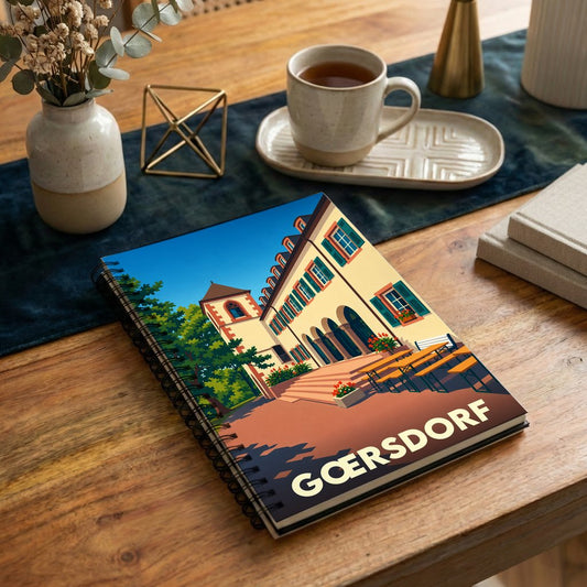 Carnet à spirales souvenir de la ville de Gœrsdorf avec une illustration stylisée de son architecture.