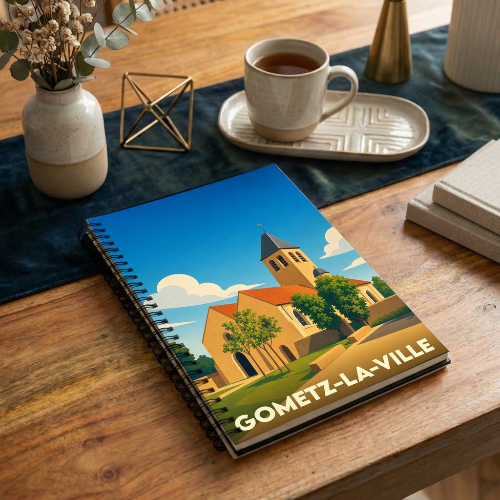 Carnet souvenir de la ville de Gometz-la-Ville avec une illustration stylisée de son église.