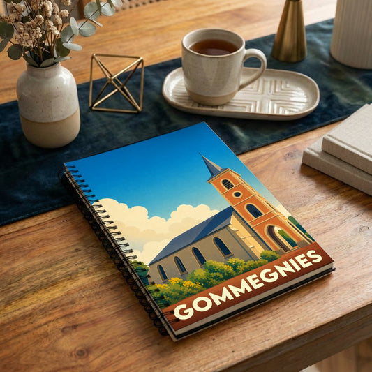 Carnet à spirale souvenir de la ville de Gommegnies avec une illustration stylisée de son église.