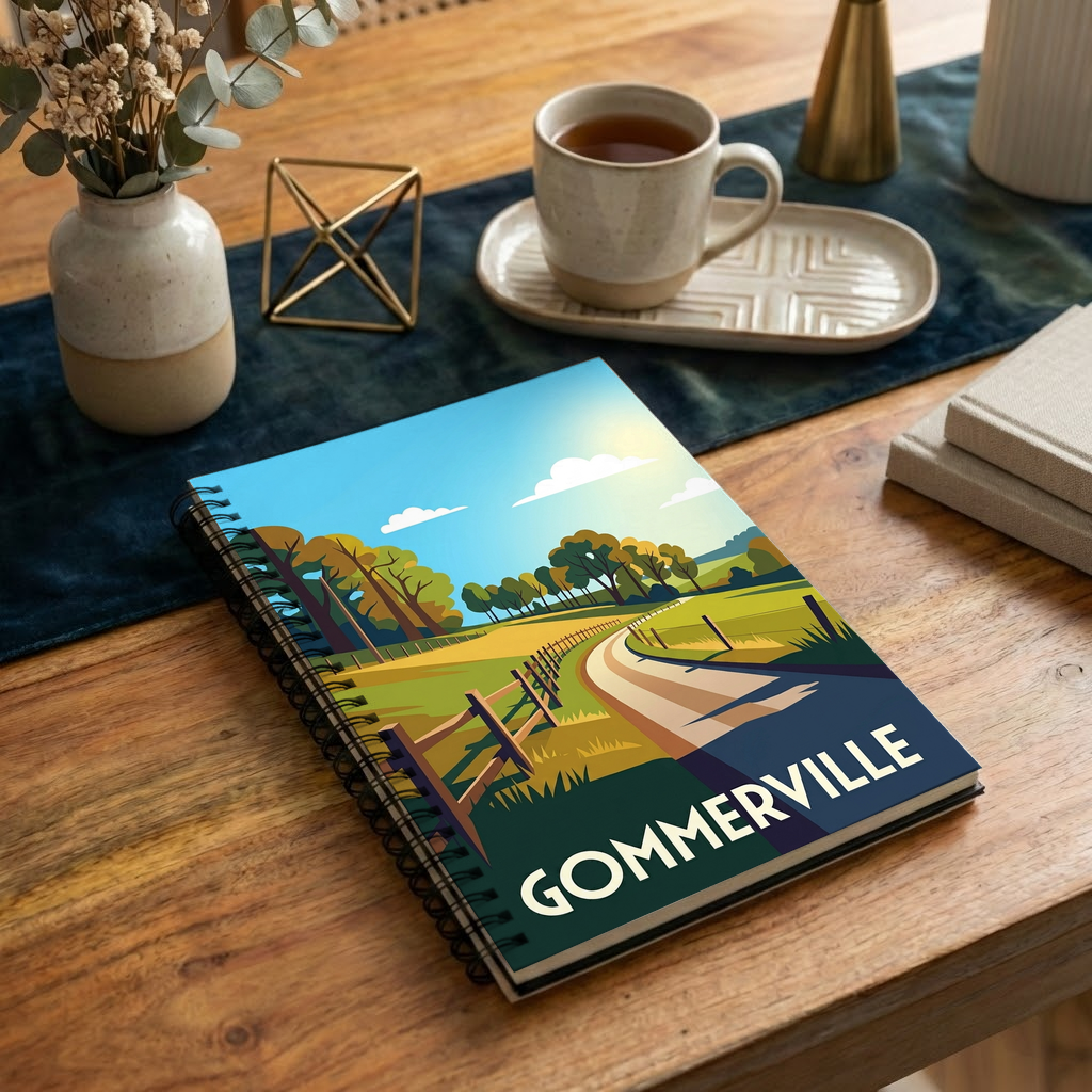 Carnet souvenir de la ville de Gommerville avec une illustration paysagère stylisée.