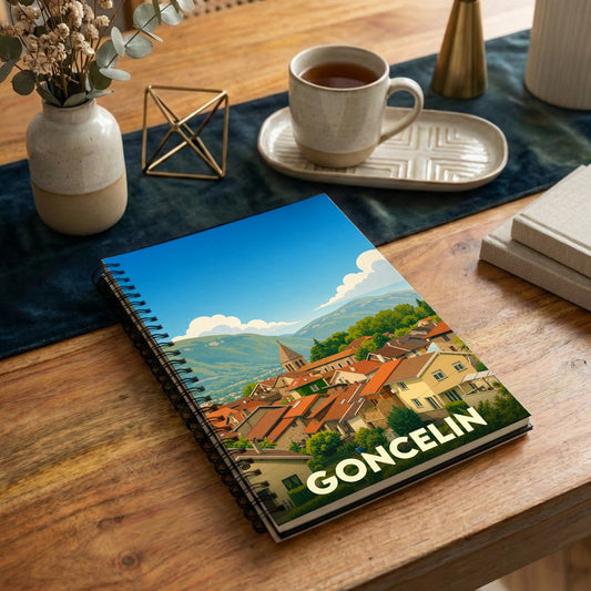 Carnet souvenir de la ville de Goncelin avec une illustration stylisée.