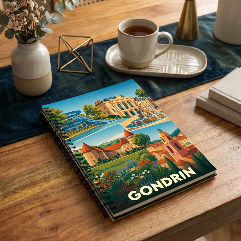 Carnet de notes souvenir de la ville de Gondrin avec une illustration colorée et stylisée de ses paysages et monuments.