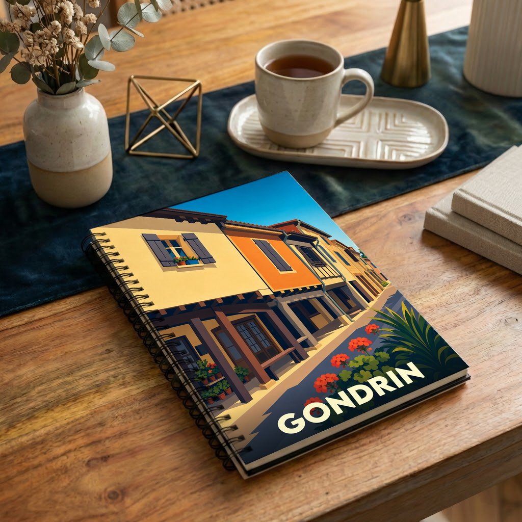 Carnet à spirales souvenir de la ville de Gondrin avec une illustration stylisée de ses façades colorées.