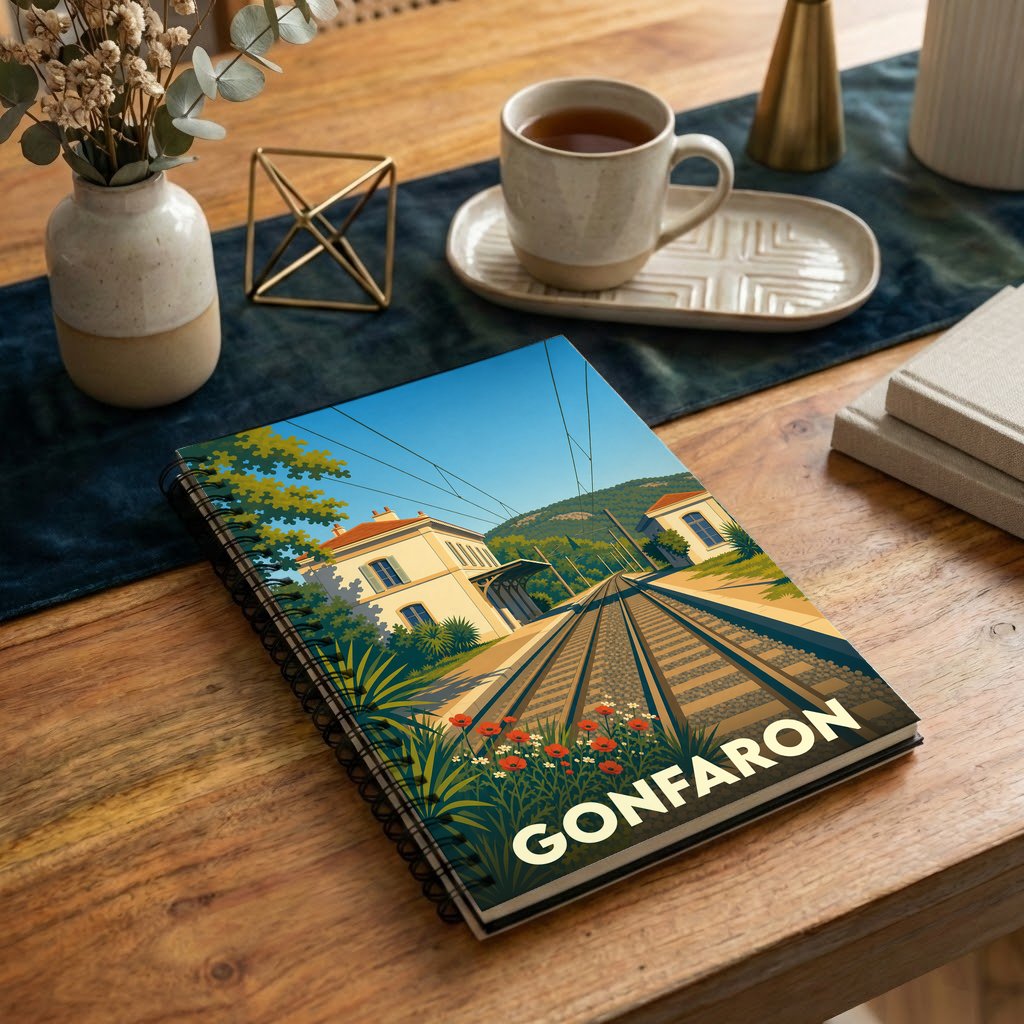 Carnet souvenir de la ville de Gonfaron avec une illustration stylisée d'une gare ferroviaire.