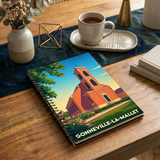 Carnet à spirales souvenir de la ville de Gonneville-la-Mallet avec une illustration stylisée de son église.