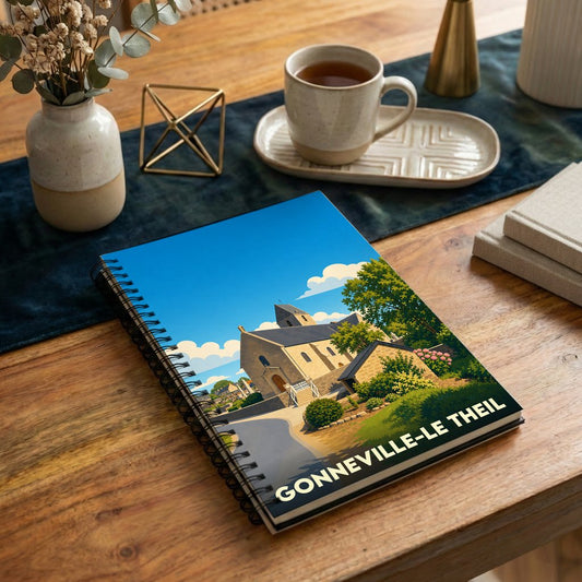 Carnet à spirales souvenir de Gonneville-Le Theil avec une illustration stylisée de son église.
