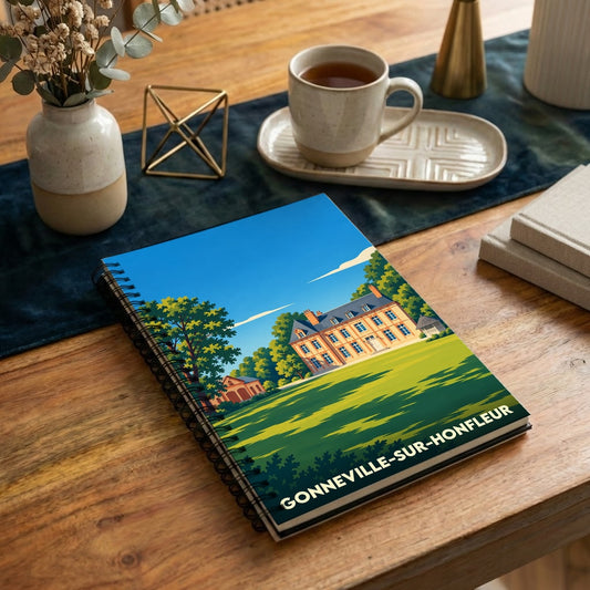 Carnet à spirales souvenir de Gonneville-sur-Honfleur avec une illustration stylisée de son château.