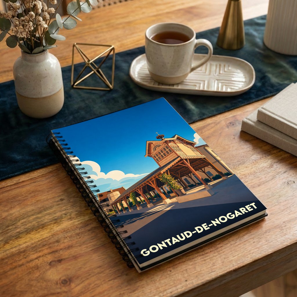 Carnet souvenir de la ville de Gontaud-de-Nogaret avec une illustration stylisée de sa halle traditionnelle.