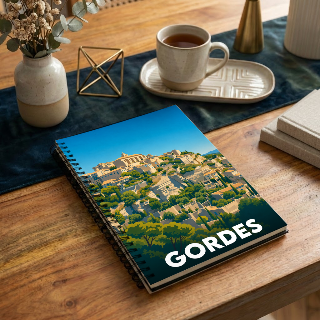 Carnet souvenir de la ville de Gordes avec une illustration stylisée.