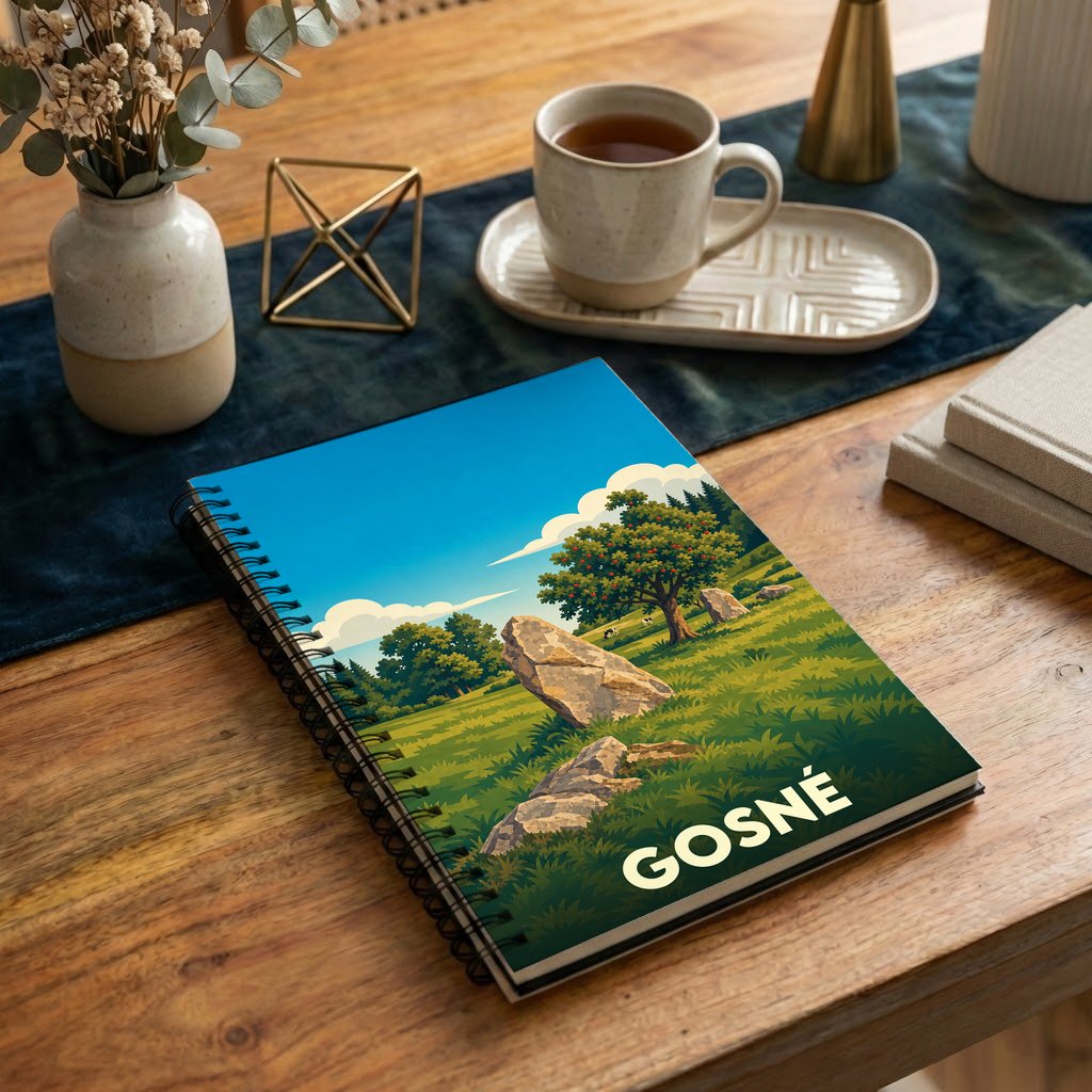 Carnet à spirales souvenir de la ville de Gosné avec une illustration stylisée d'un paysage naturel.