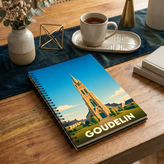Carnet à spirales souvenir de la ville de Goudelin avec une illustration stylisée de son église.