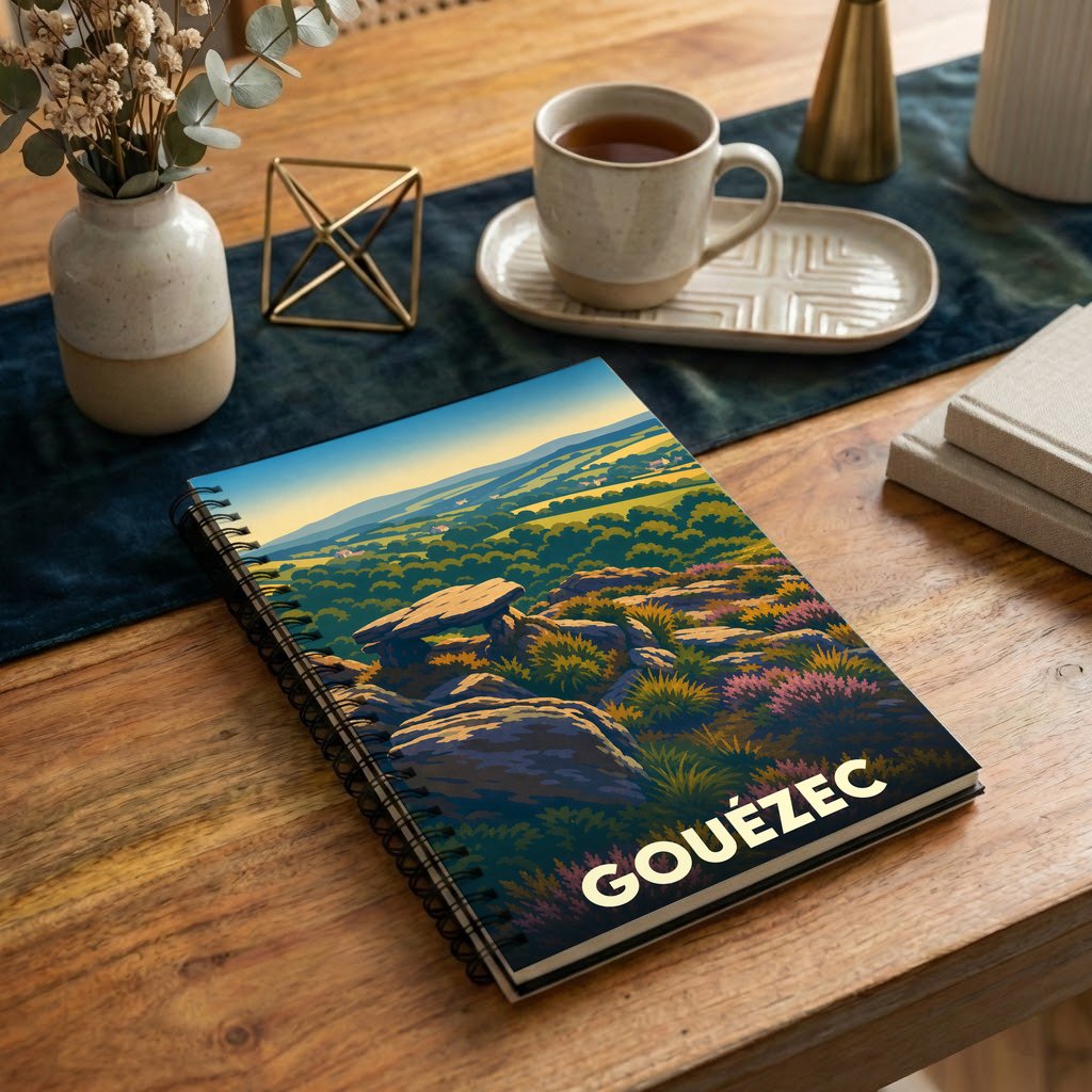 Carnet souvenir de la ville de Gouézec illustré d'un paysage naturel stylisé.