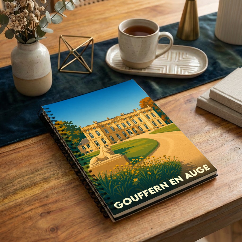 Carnet souvenir de la ville de Gouffern en Auge avec une illustration stylisée d'un château.