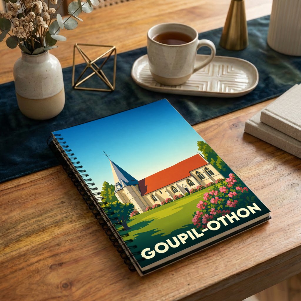 Carnet à spirales souvenir de la ville de Goupil-Othon avec une illustration stylisée de son église.