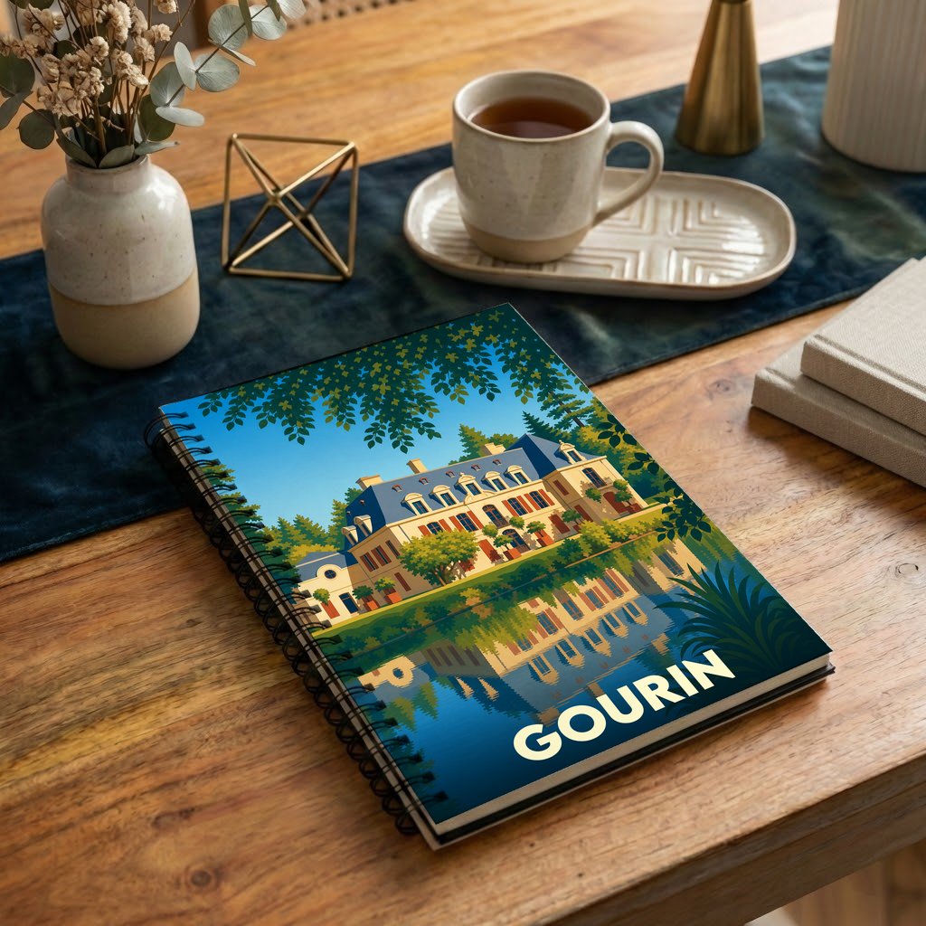Carnet à spirales souvenir de la ville de Gourin avec une illustration stylisée d'un manoir se reflétant dans l'eau.