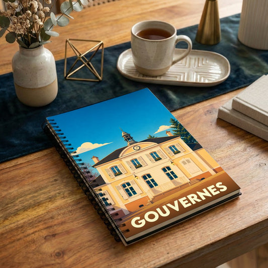 Carnet souvenir de la ville de Gouvernes avec une illustration stylisée de son hôtel de ville.