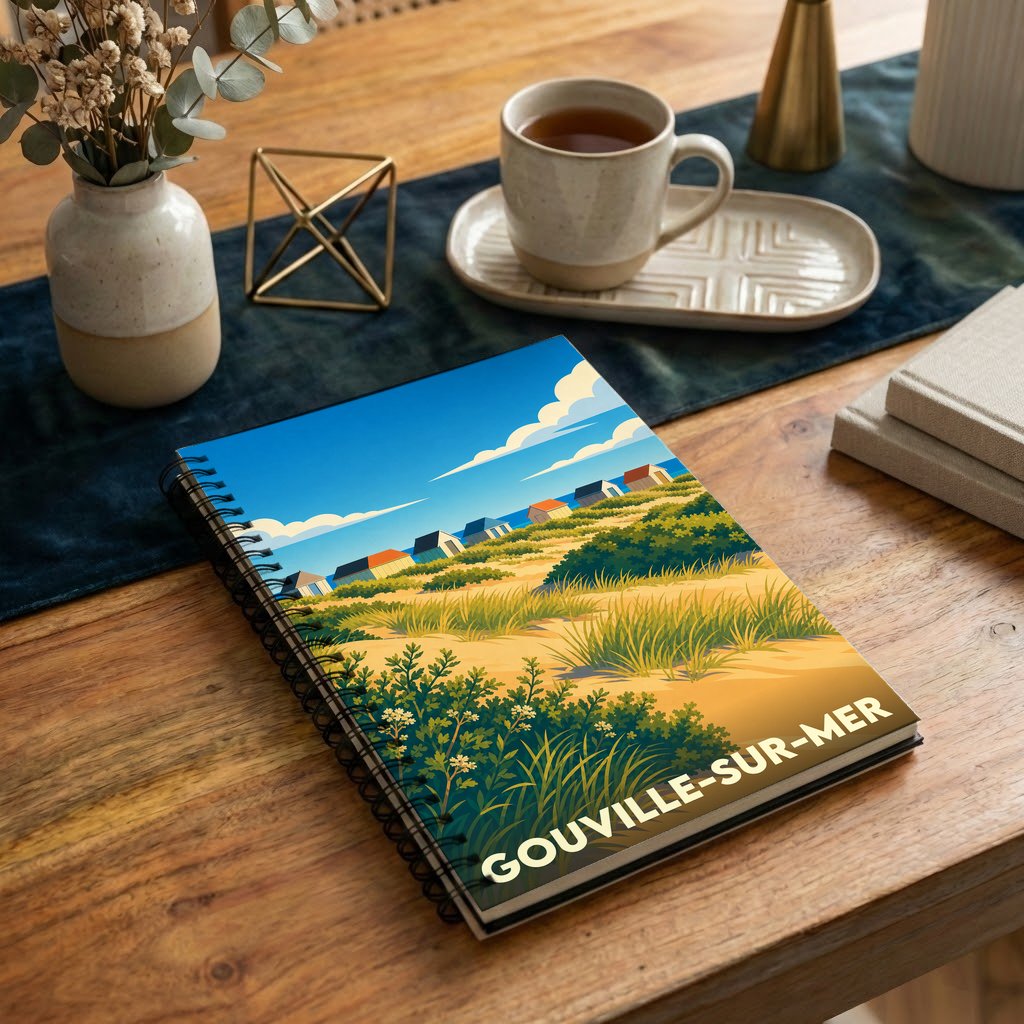 Carnet à spirales souvenir de Gouville-sur-Mer illustré par un paysage de dunes et de cabines de plage colorées.
