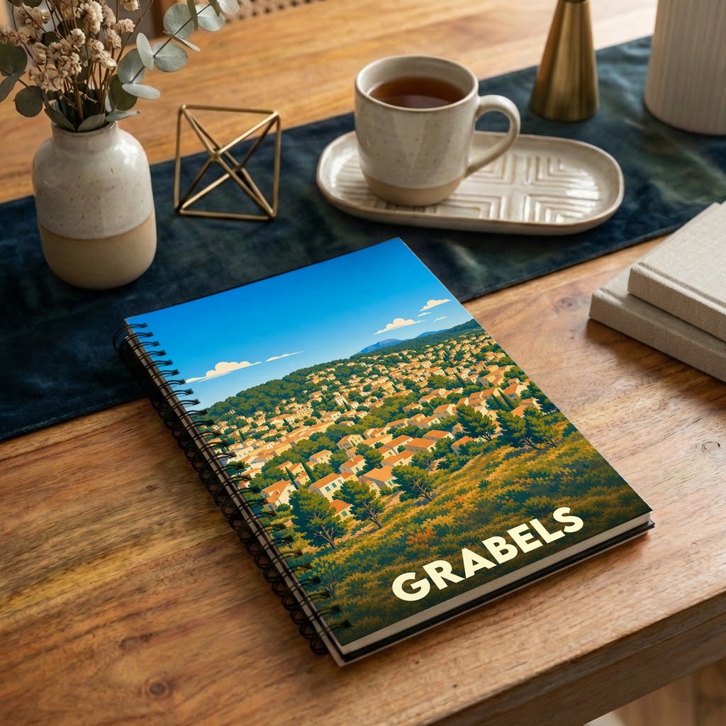 Carnet souvenir de la ville de Grabels orné d'une illustration stylisée de son paysage vallonné.