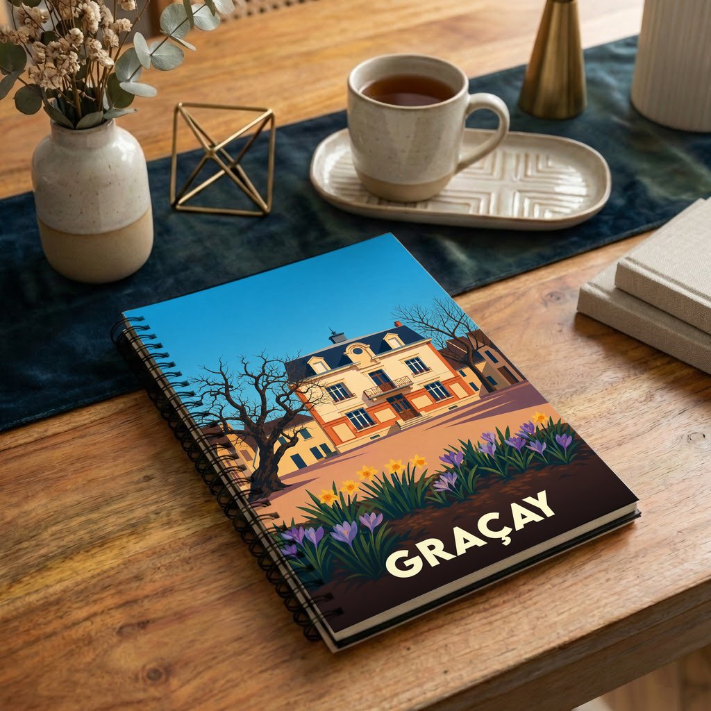 Carnet souvenir de la ville de Graçay avec une illustration stylisée d'une demeure bourgeoise et de fleurs printanières.