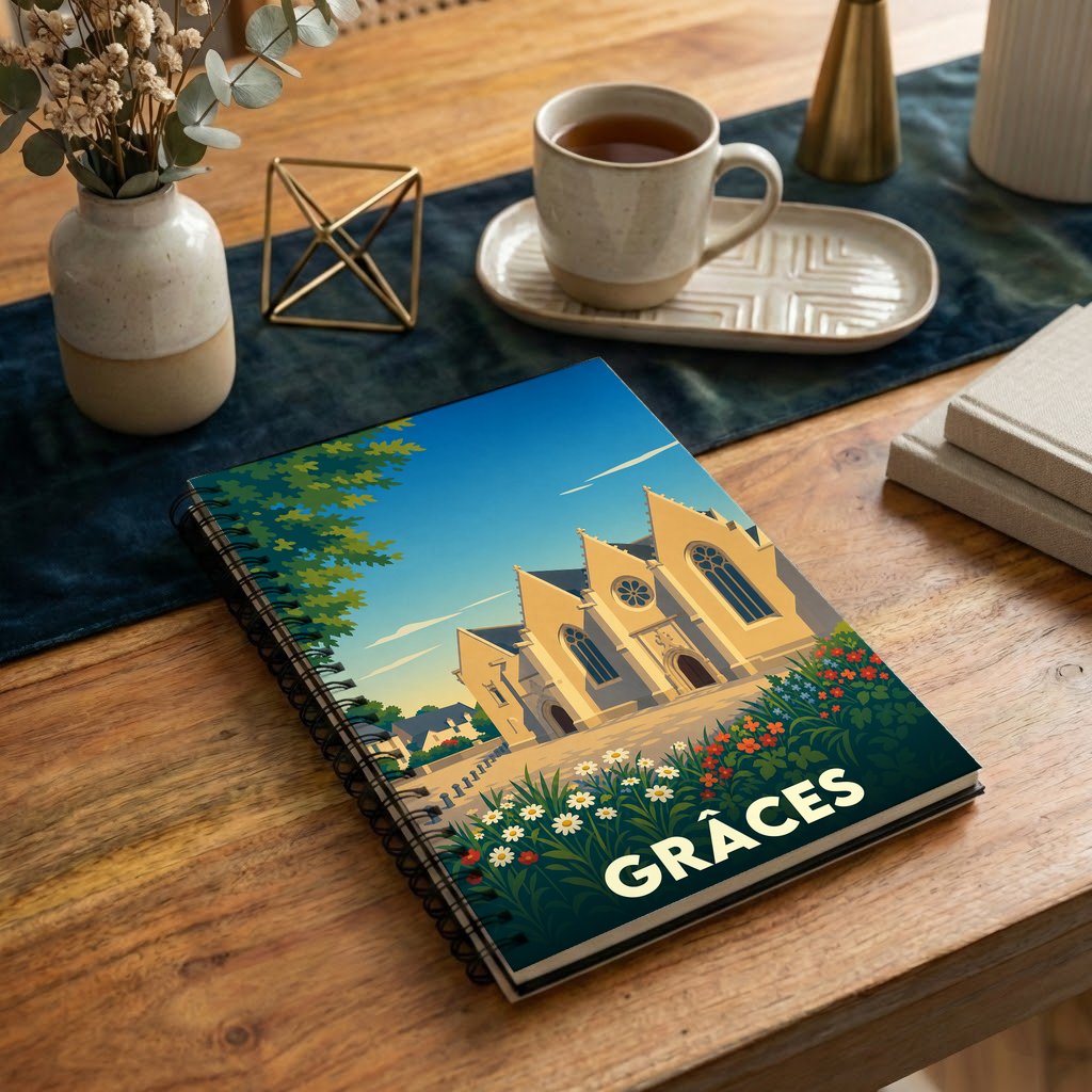 Carnet souvenir de la ville de Grâces avec une illustration stylisée de son église et de fleurs.